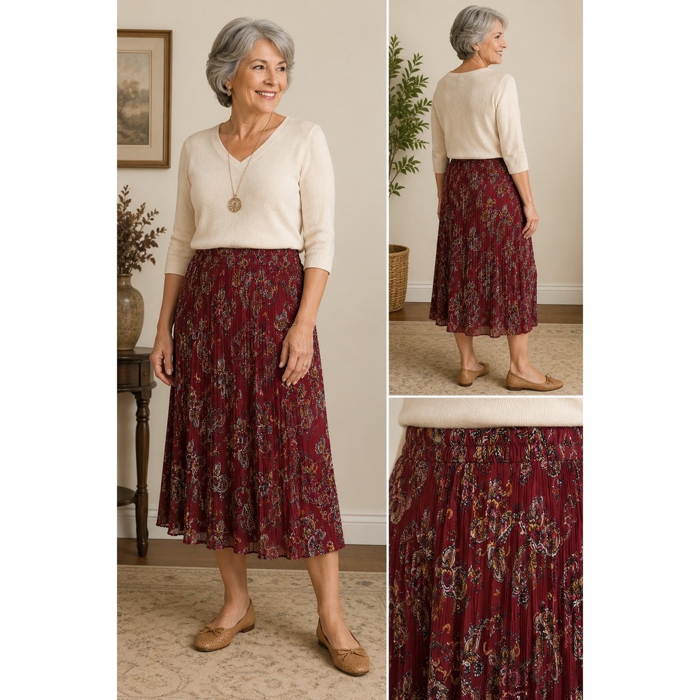 Alfred Dunner Burgundy Paisley Boho Midi Skirt Elastic Waist L Flowy Cottagecore